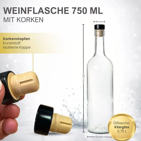 mikken mikken 6er Set Ölflasche 750ml Weinflasche Glasflasche mit Korken, Klarglas, – Produktbild 3 von 4