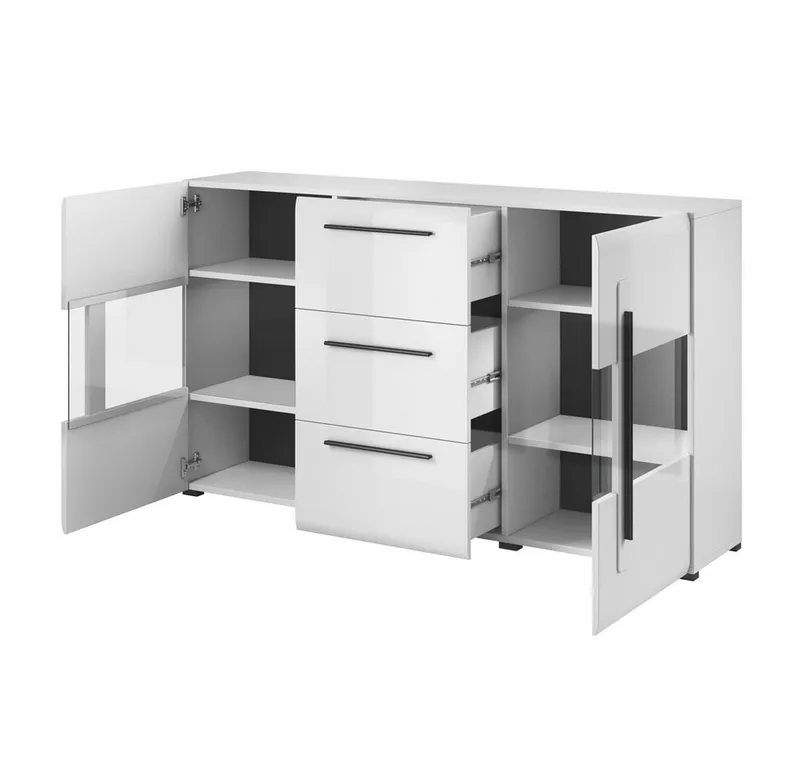 Lomadox Sideboard TURDA-83, weiß Hochglanz modern mit Absetzungen in schwarz 180/103/39 cm, Weiß, – Produktbild 2 von 5