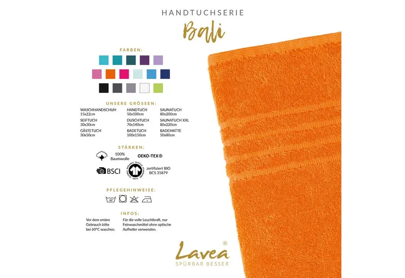 Lavea Handtücher Bali Handtuch 50x100 cm, Sporthandtuch, Fitness-Handtuch, Weiches Bio-Baumwollfrottee (1-St), pflegeleicht, GOTS-zertifiziert, extra saugstark mit 500g/m², Orange, – Produktbild 2 von 4