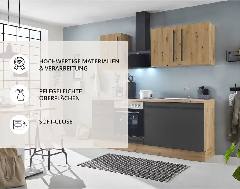 KOCHSTATION Küchenzeile KS-Florida mit 38mm starker Arbeitsplatte, Breite 210 cm, wahlweise mit E-Geräten, Soft-Close-Funktion, Schwarz, – Produktbild 3 von 7