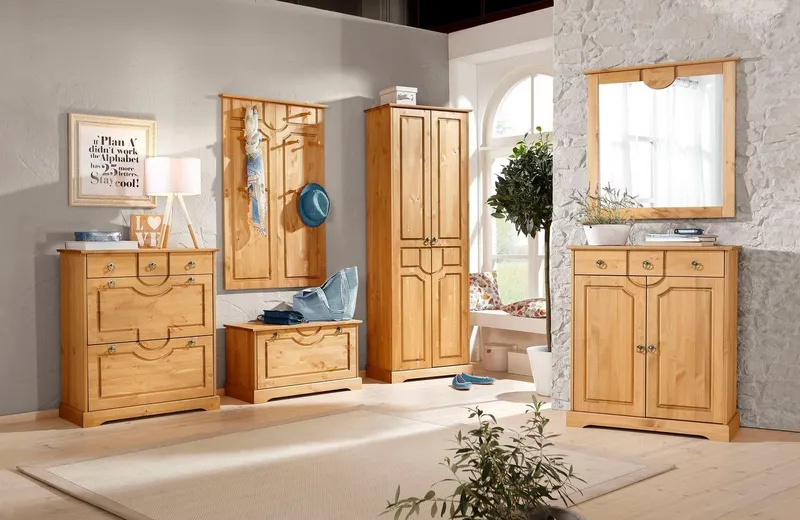 OTTO home Garderobenpaneel Klera, mit dekorativen Fräsungen, Kiefer, Landhausstil (Made in Europe), Mit 10 Kleiderhaken, aus massiver Kiefer, Beige, – Produktbild 1 von 5