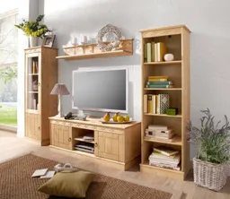 OTTO home Wohnwand Indra Vitrine, TV-Board, Regal, Wandregal mit dekorativer Fräsung, (Set, 4-St), 4-teiliges Set, aus massiver Kiefer, dekorative Fräsung, Metallgriffe – Produktbild 1 von 1