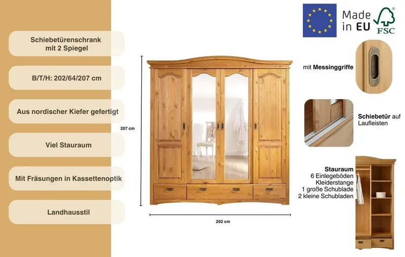 OTTO home Schiebetürenschrank Konrad, Landhausstil, rustikal, mit Schubladen + Spiegel, Kassetten (B/H/T ca. 202 cm x 207 cm x 64 cm) massive Kiefer, FSC®-zertifiziert, Messinggriffe, Beige, – Produktbild 3 von 5