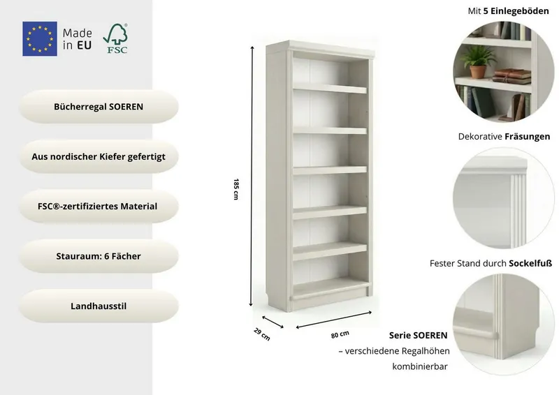 OTTO home Bücherregal Soeren Regal B/T/H: 80/29/185 cm, 6 Fächer, aus massiver Kiefer, FSC®-zertifiziert, Weiß, – Produktbild 1 von 4