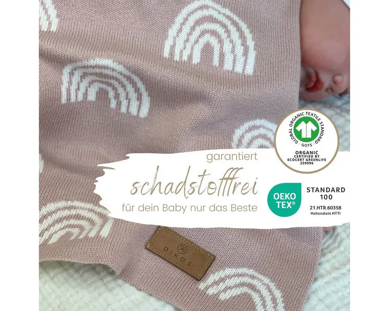 Babydecke DIKOS® aus Bio-Baumwolle - Regenbögen - Baby Decke für Neugeborene, DIKOS, Geschenk zur Geburt - Strickdecke PREMIUM Qualität - atmungsaktiv, Rosa, – Produktbild 3 von 5