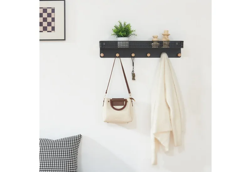 en.casa Wandgarderobe, »Jäller« mit 6 Haken Metall 60 x 14 x 12 cm Schwarz, Schwarz, – Produktbild 2 von 5