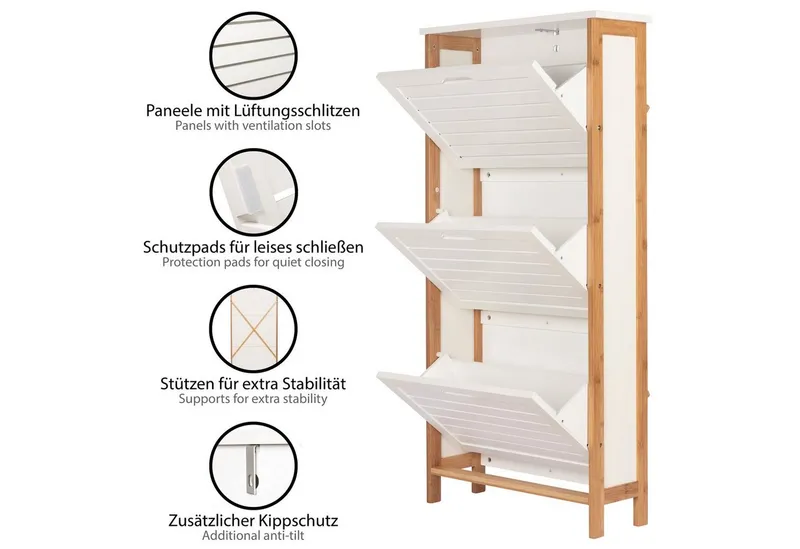 ONVAYA Schuhschrank Bambus Schuhkipper in Weiß, Platzsparender Schuhkipper mit 3 Klappen, Weiß, – Produktbild 3 von 5