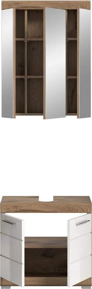 welltime Badmöbel-Set SIENA, 2 tlg., bestehend aus: Waschbeckenunterschrank, Spiegelschrank, (Set, 2-St., TOPSELLER), in verschiedenen Farben erhältlich, Badmöbel, Kombination, Badezimmer, Nox oak nachbildung/weiß hochglanz, – Produktbild 5 von 5