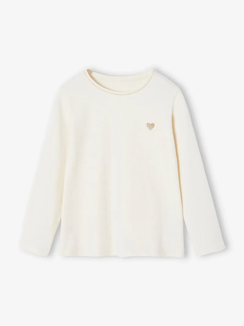 Vertbaudet Mädchen Shirt mit Glitzerherz BASIC personalisierbar, Wollweiß, – Produktbild 1 von 2