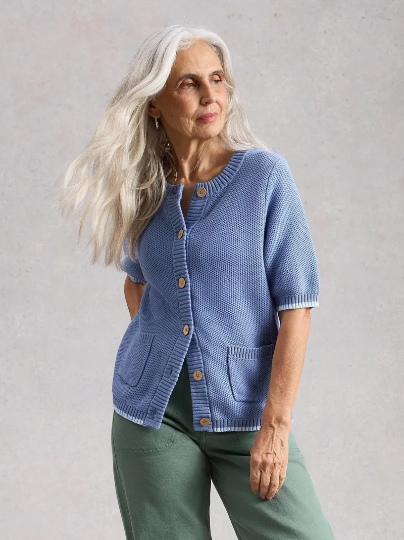 White Stuff Kurzarm-Cardigan Isabella - 42, Mittelblau, – Produktbild 1 von 4