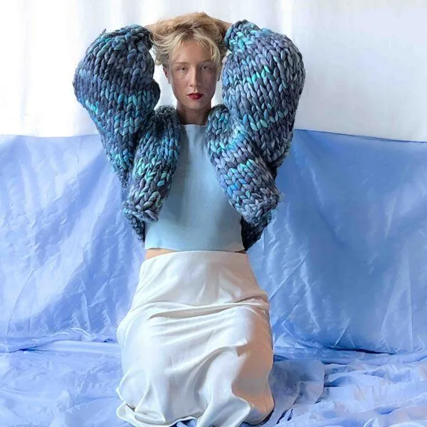 PANAPUFA PANAPUFA 100% Merino Chunky wolle Strickjacke, Melange blau, – Produktbild 4 von 4