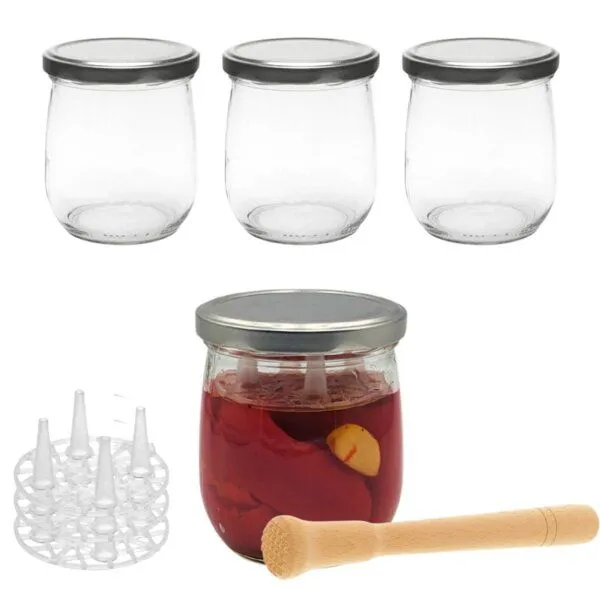 mikken mikken Fermentier Set - 4 Einmachgläser 415 ml mit Fermentier Gitter, Holzstößel und Deckel (PVC-frei) – Produktbild 1 von 4