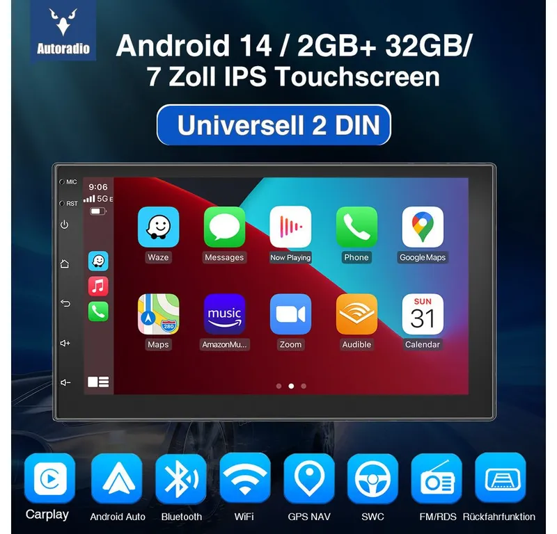 ESSGOO 7 Zoll Doppel 2 DIN Android 14 4+64G Autoradio (Digitalradio (DAB), FM, RDS, FM RDS Bluetooth EQ USB Apple Carplay Android Auto GPS Navi WIFI), Schwarz, – Produktbild 3 von 7