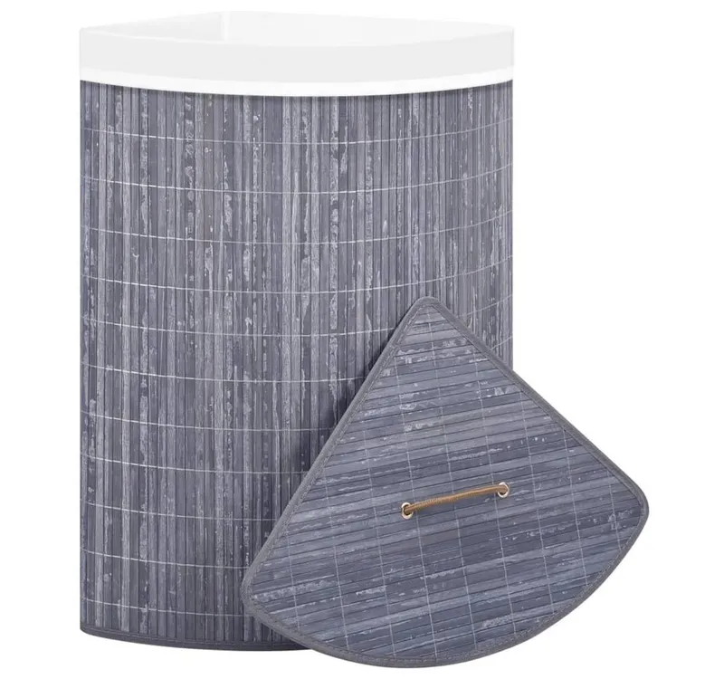 furnicato Wäschekorb Eck-Bambus 52,3x37x65 cm Grau mit herausnehmbarem (1 St), Klappbare Wäschetonne mit Deckelgriff und 60l Fassungsvermögen, Grau, – Produktbild 3 von 5