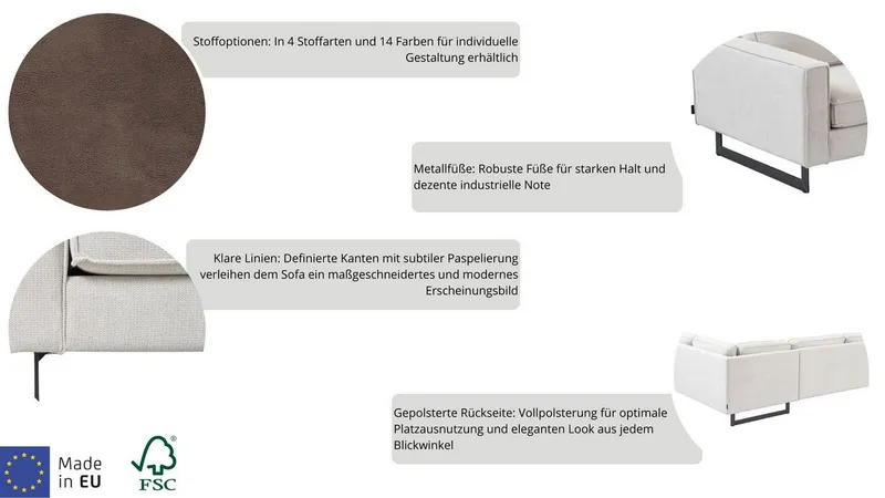 OTTO home 3-Sitzer Pinto, 206 cm, Cord, Chenille, Lederoptik, mit Keder, schwarze Metallfüße, Wellenunterfederung, Braun, – Produktbild 4 von 5