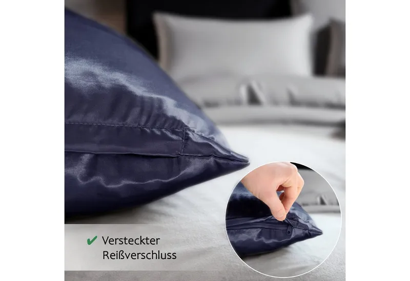 Cozyor Bettwäsche Satin glänzend 135x200, 155x200, 155x220, 200x200cm mit Reißverschluss, Satin, dunkelblau Ocean, 2 teilig, Edel und hochwertig, Blau, – Produktbild 3 von 5