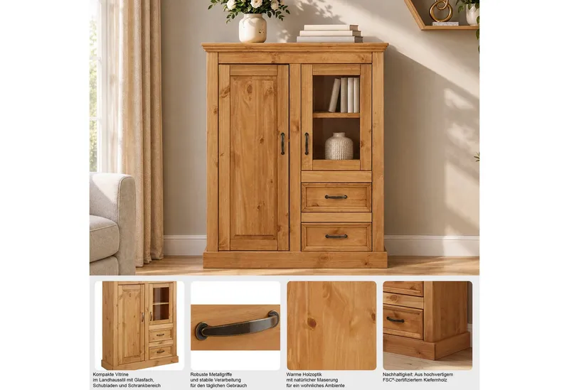OTTO home Highboard Selma Vitrine mit 2 Türen, eine davon mit Glaseinsatz und 2 Schubläden, aus massivem Kiefernholz, mit einer natürliche Maserung, Metallgriffe, Weiß, – Produktbild 3 von 4