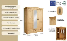 OTTO home Schiebetürenschrank Konrad, Landhausstil, rustikal, mit Schubladen + Spiegel, Kassetten (B/H/T ca. 153 cm x 207 cm x 64 cm) massive Kiefer, FSC®-zertifiziert, Messinggriffe – Produktbild 1 von 1