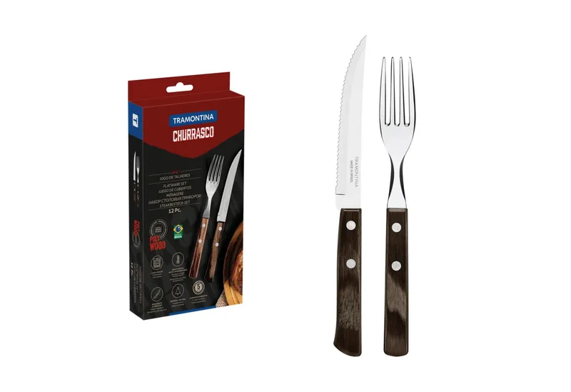 Tramontina Steakbesteck STEAK-/PIZZA Besteck, 6 Personen, Rostfrei, Spülmaschinenfest (12-tlg), 6 Personen, Edelstahl, FSC-zertifiziert, Echtholzgriff, rostfreier Edelstahl, Ergonomisch, Braun, – Produktbild 3 von 5