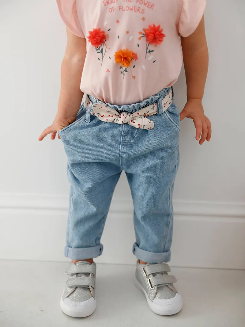 Vertbaudet Mädchen Baby Jeans mit Stoffgürtel, Double stone, – Produktbild 2 von 4