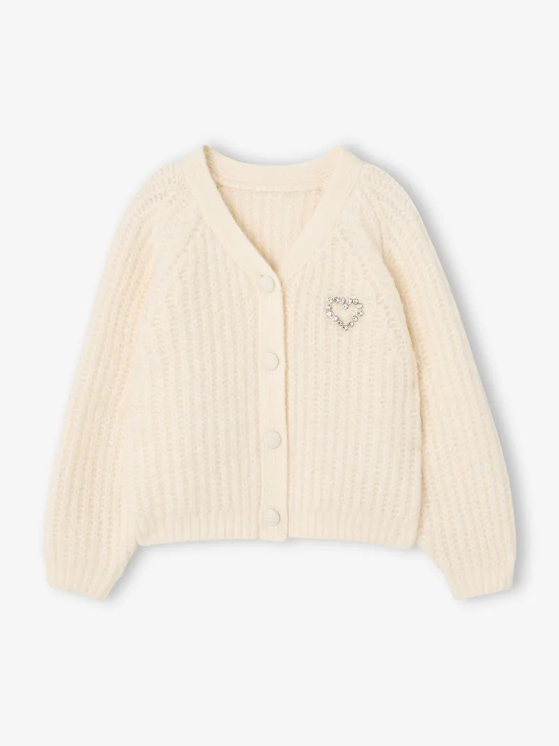 Vertbaudet Mädchen Strickjacke mit Schmuckstein-Herzapplikation Wollmix 43% Recycling-Polyester GRS-zertifiziert, Wollweiß, – Produktbild 4 von 4