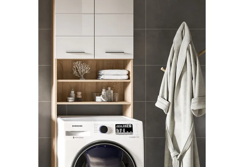 furnling Waschmaschinenumbauschrank Scott 2 offene Fächer, 2 Türen, platzsparend, Badmöbel, Badschrank, Umbau, Beige, – Produktbild 2 von 5