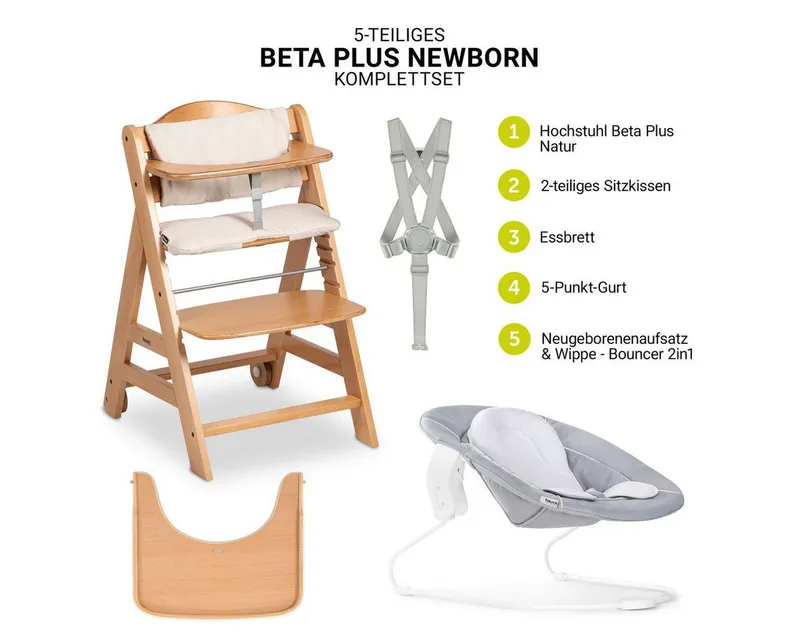 Hauck Hauck Hochstuhl Beta Plus Newborn Set - Natural, Holz Babystuhl ab Geburt mit Neugeborenenaufsatz, Sitzkissen, Essbrett, Beige, – Produktbild 2 von 5