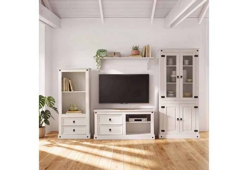 OTTO home Wohnwand Mexiko Vitrine, Regal und TV-Board mit Metallgriffen, (Set, 3-St), bestehend aus 1 Vitrine, 1 Lowboard und 1 Regal, ohne Wandboard, Weiß, – Produktbild 2 von 5