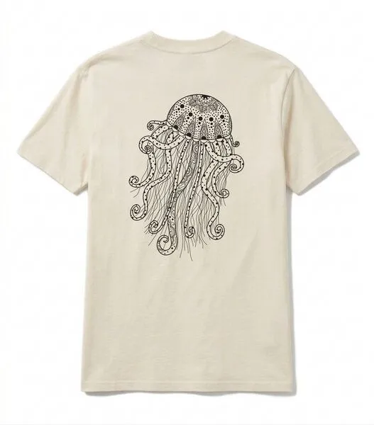 vis wear vis wear Yoga Qualle - Göttin im Ozean - Pure Natural Bio Baumwolle Shirt - Back Print, Natural, – Produktbild 1 von 3