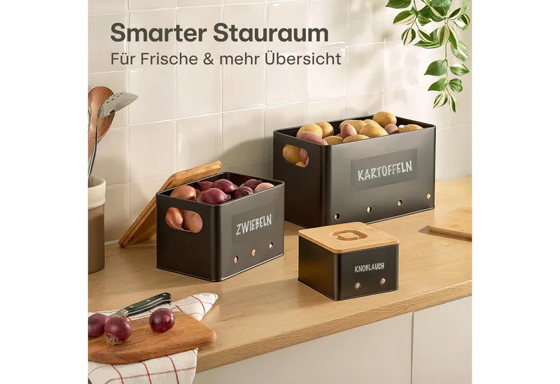 Praknu Vorratsdose Kartoffel Aufbewahrungsbox 3er Set - Mit Belüftung für längere Frische, Eisen, FSC® Bambus, (Aufbewahrungsbox-Set, 7-tlg., 3 Boxen inkl. Zubehör), Stapelbar, Mit FSC® Bambusdeckel, Mit Etiketten & Stift, Schwarz, – Produktbild 2 von 5