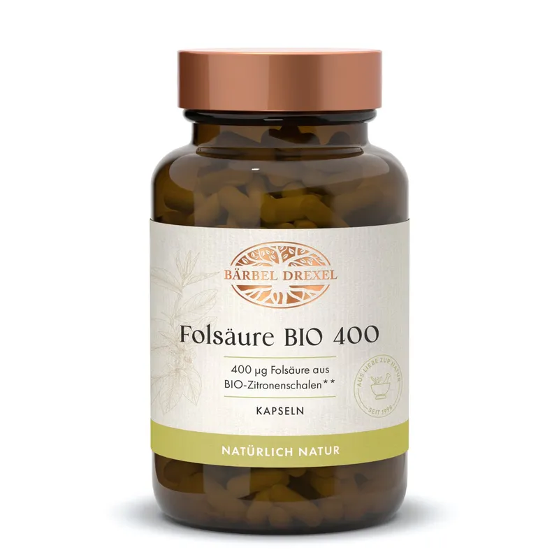Bärbel Drexel Folsäure Bio - 400µg Folsäure aus zertifizierten Bio-Zitronenschalen pro Kapsel & Vollständig vegan – Produktbild 1 von 2