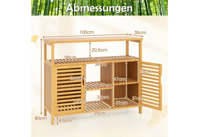 COSTWAY COSTWAY Badkommode, Badezimmerschrank Bambus mit Lamellentüren, 100x35x80cm, Beige, – Produktbild 5 von 5