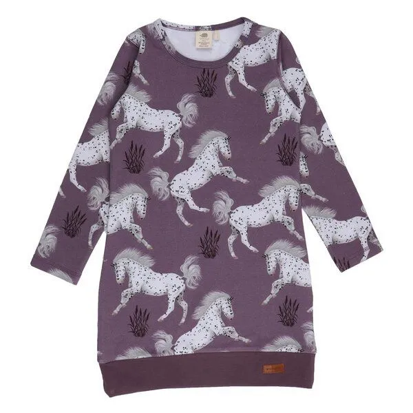 Walkiddy Mädchen Sweatkleid GOTS-zertifiziert aus Bio-Baumwolle lila mit Pferde-Motiv – Walkiddy – Produktbild 1 von 3