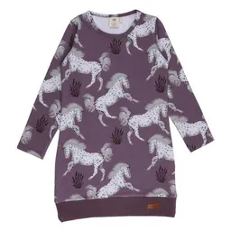 Walkiddy Mädchen Sweatkleid GOTS-zertifiziert aus Bio-Baumwolle lila mit Pferde-Motiv – Walkiddy – Produktbild 1 von 1