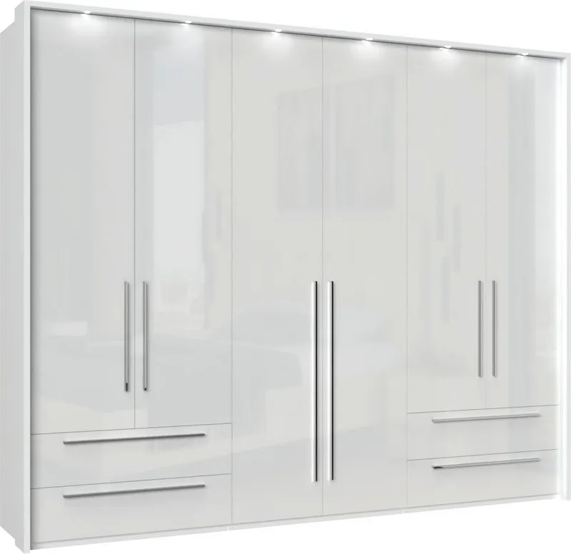 OTTO home Drehtürenschrank Piano, inklusive Rahmen und Beleuchtung, soft-close-Funktion (277 oder 322cm breit, 226cm hoch, mit 4 Schubladen) UV lackiert, hochglänzend weiß oder beige, FSC-zertifiziert, Weiß, – Produktbild 2 von 8