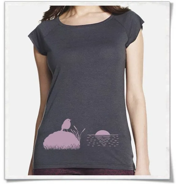 Picopoc Picopoc Vogel bei Sonnenuntergang Grau Bambus T-Shirt, Grau, – Produktbild 1 von 4