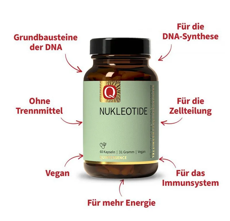 Quintessence Nukleotide – mit Coenzym Q10, Vitamin C, Zink & Folat - 60 vegane Kapseln, 31 g, Hochwertige Premiumqualität - für das Immunsystem(3) – Produktbild 5 von 5