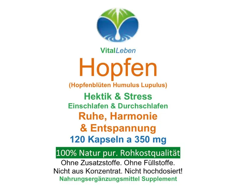 VitalLeben Hopfen naturreine Hopfenblüten zur Entspannung - Ohne Zusatzstoffe - Kapseln, 1 er Dose à 120 St., 42 g, Art. 26655-120 – Produktbild 2 von 5