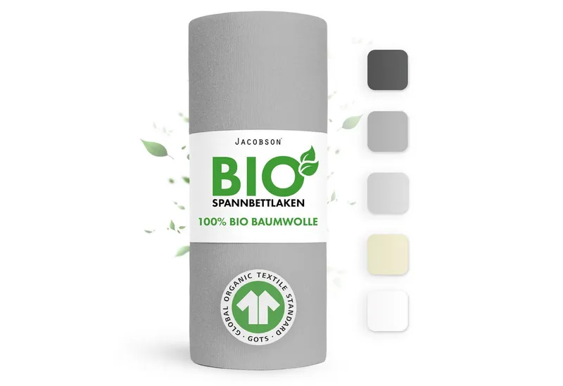 Jacobson Spannbettlaken BIO, Jersey Spannbetttuch, Bettlaken 160 g/m², 100% BIO-Baumwolle, Gummizug: rundum, Grau, – Produktbild 1 von 7
