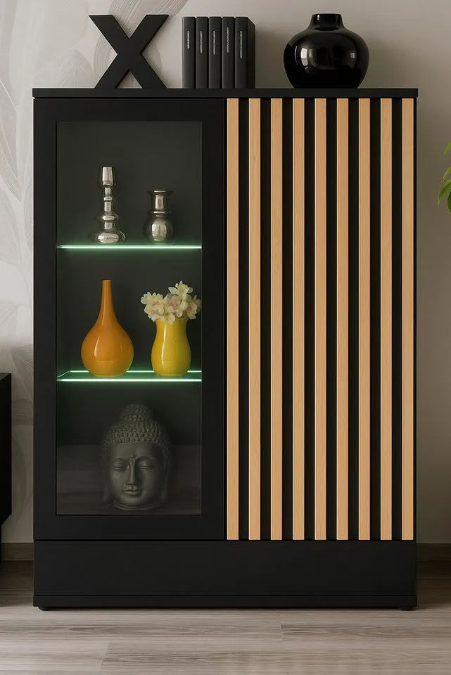 Furn.Design Vitrine Morgan (Hohe Kommode in Schwarz mit Eiche Lamellen, 80 x 118 cm) Push-to-Open-Funktion, inklusive Beleuchtung, Schwarz, – Produktbild 3 von 5