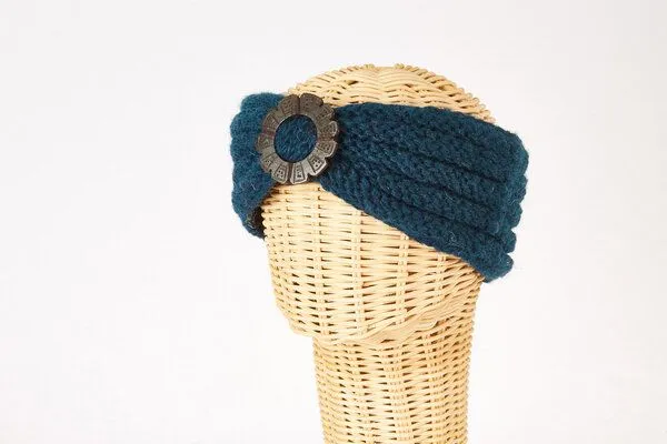 short'n'pietz short'n'pietz Schurwollstirnband Rippstrick mit Knopf aus Kokosnussholz, handgestrickt, Petrol, – Produktbild 1 von 1