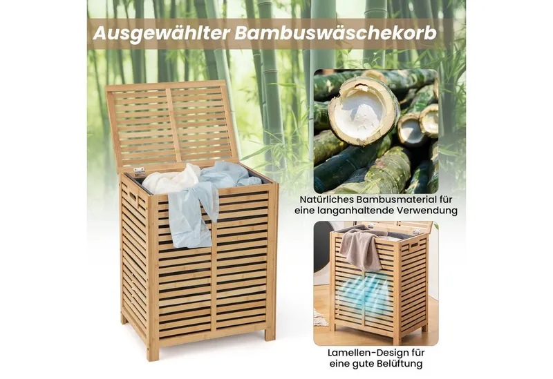 COSTWAY COSTWAY Wäschekorb, Bambus, 80L, mit Deckel & ausnehmbarem Wäschesack, Beige, – Produktbild 3 von 5