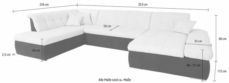 DOMO collection Wohnlandschaft MORIC 353x216x80 cm, mit viel Platz, U-Form, auch in Cord, im XXL-Format, wahlweise mit Bettfunktion und Armlehnenverstellung, Beige|braun, – Produktbild 5 von 8
