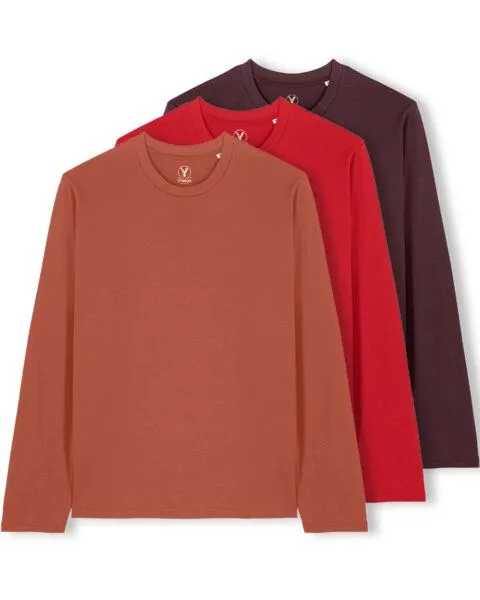 YTWOO YTWOO 3er Pack Unisex Basic Langarmshirts aus Bio-Baumwolle | Longsleeve | verschiedene Farbkombi | Mehrfachpack, Rot-herbstbraun-rotbraun, – Produktbild 1 von 3