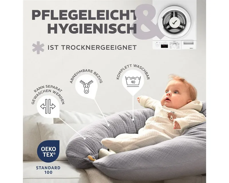 SEI Design Stillkissen Seitenschläferkissen XXL Babynest - Baby Erstausstattung Neugeborene, Schwangerschaftskissen 190x30 cm, Schwangerschaftskissen mit Bezug, Musselin Bezug 100% BIO Baumwolle, Grau, – Produktbild 5 von 5