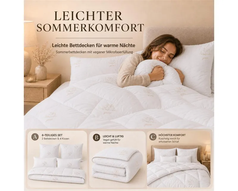 SEI Design Microfaserbettdecke Bettset SWAN 6-tlg Sommerdecke 2x 135x200 + Kissen 2x 80x80+ 2x 40x80, Füllung: daunenähnliches Gefühl, 80x80, Weiß, – Produktbild 3 von 5