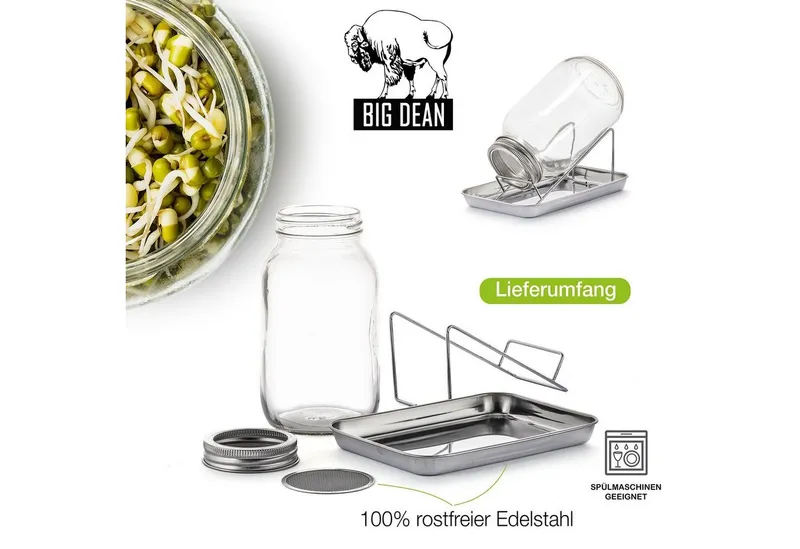 BigDean Anzuchttopf Sprossenglas Keimglas 1000ml mit Edelstahl-Gitterdeckel + Ständer (Set, 1 St., Sprossengläser), Sprossenglas, Leichte Anwendung, Gesunde Ernährung, Einfache Reinigung, Silberfarben|weiß, – Produktbild 4 von 5