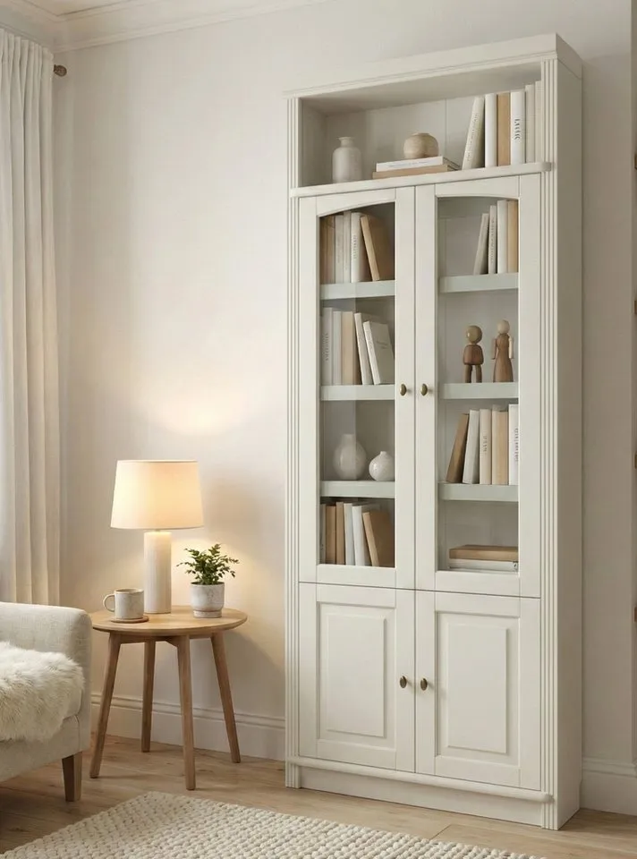 OTTO home Vitrine Soeren Regal mit 2 Glastüren und 2 Holztüren, B/TH: 80/29/220 cm Kiefer FSC®-zertifiziert, 1 offenes Fach, 6 Fächer hinter den Türen, Weiß, – Produktbild 2 von 4