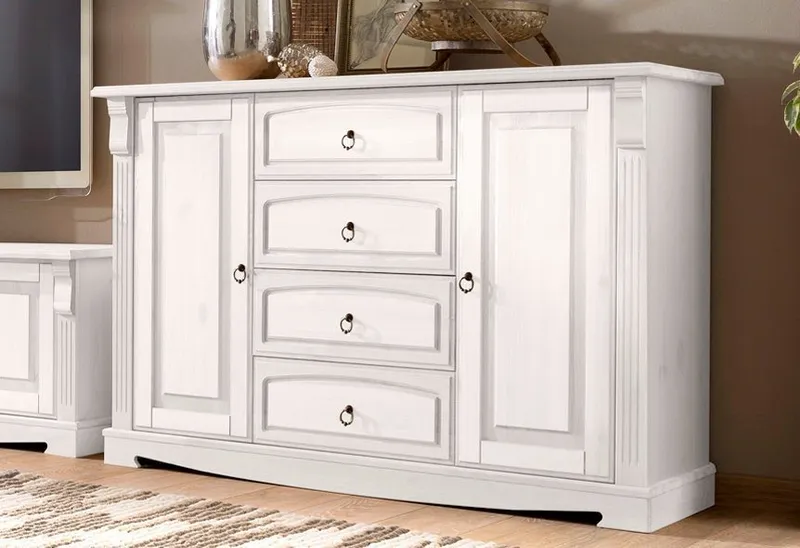 OTTO home Sideboard Anna, Kommode, im Landhausstil, Made in EU (Gesamtmaße (B/T/H): ca. 140/44/88 cm), Kommode, Breite 140 cm, 4 Schubladen, 2 Türen, Massivholz, FSC®, Weiß, – Produktbild 2 von 5