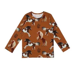 Walkiddy Kinder Langarmshirt GOTS zertifiziert, Bio-Baumwolle, braun, Pferde-Muster „Joyful Horses“, weich – Walkiddy – Produktbild 1 von 1